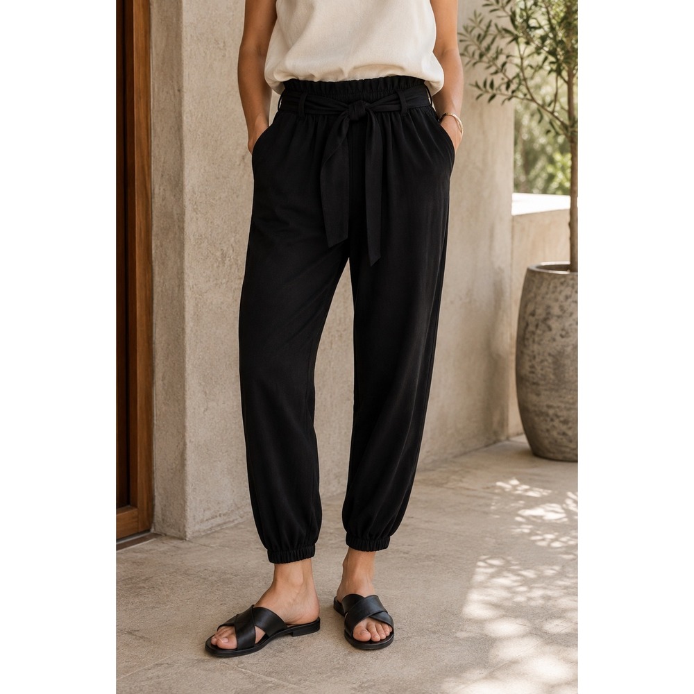 ELK Black Paperbag Waist Tie Belt‎ Elastic Hem Tapered Pants US 8